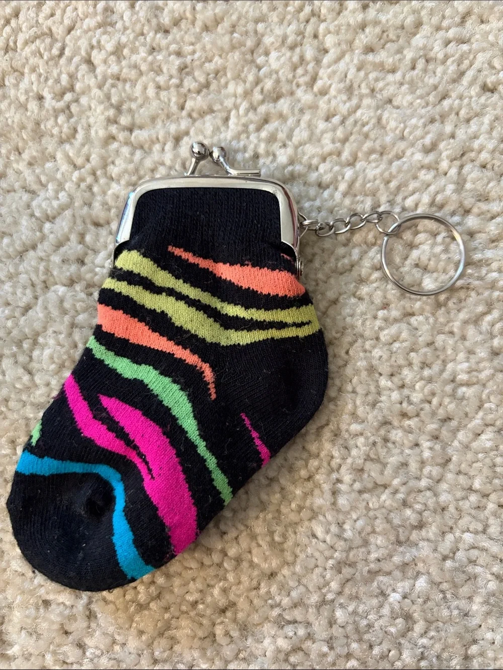 Colorful Zebra Stripe Keychain Sock Coin Purse - Black Multicolor